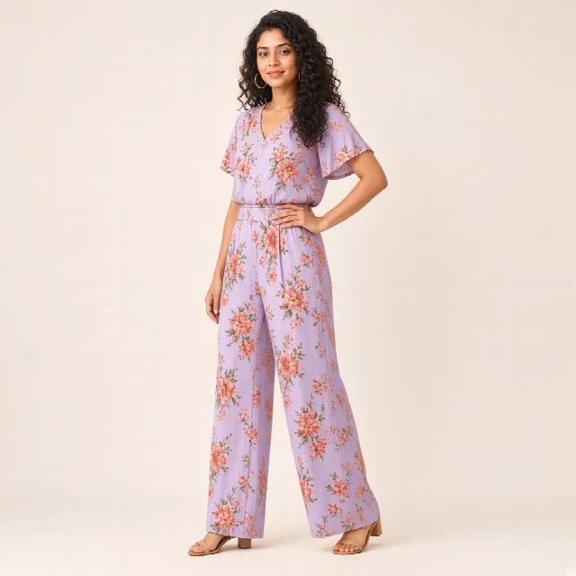 Peach Floral Wide-Leg Co-ord Set