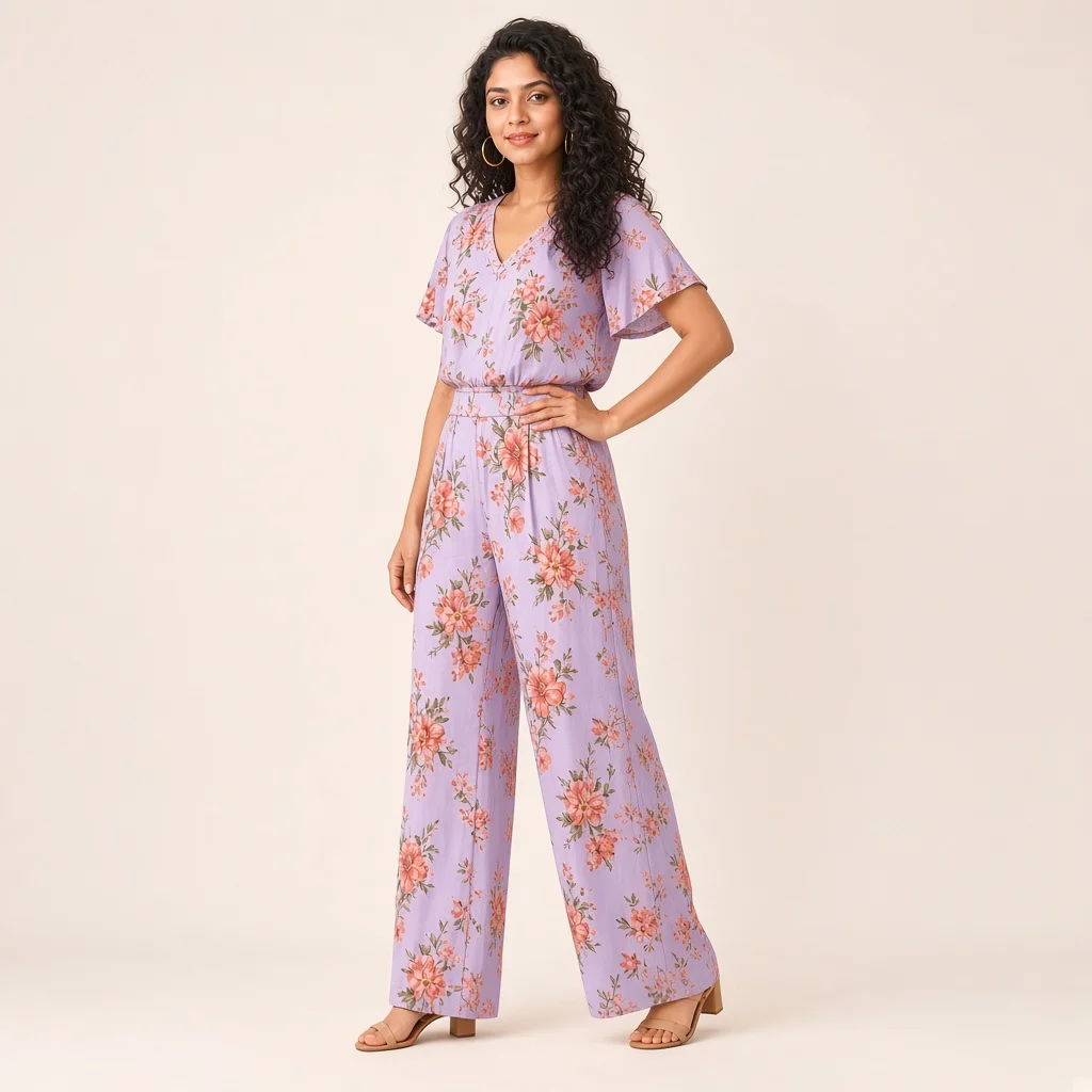 Peach Floral Wide-Leg Co-ord Set