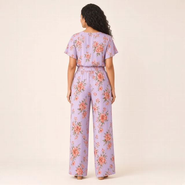 Peach Floral Wide-Leg Co-ord Set