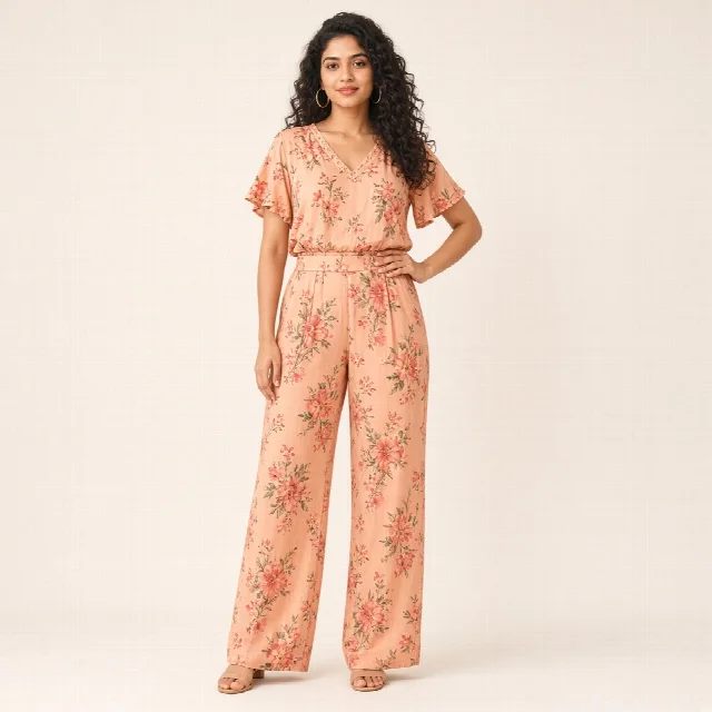 Peach Floral Wide-Leg Co-ord Set