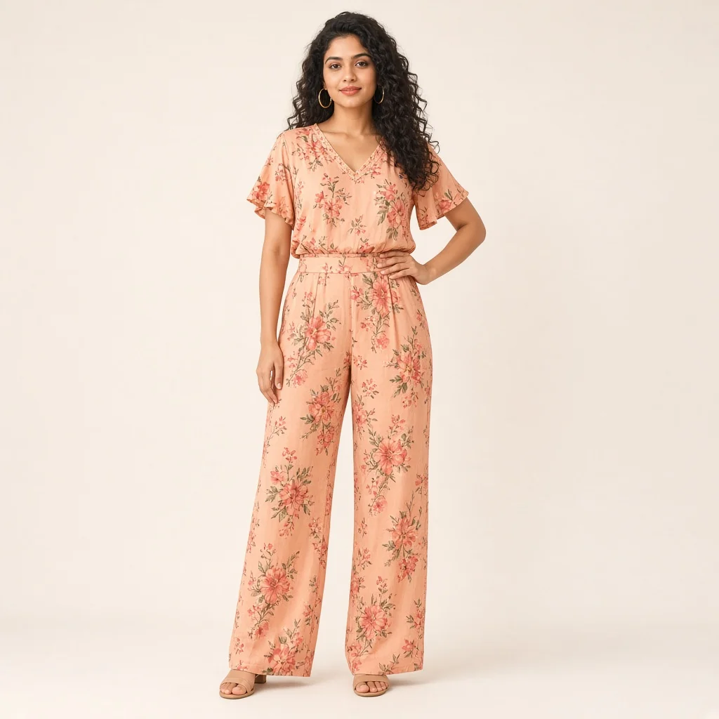 Peach Floral Wide-Leg Co-ord Set