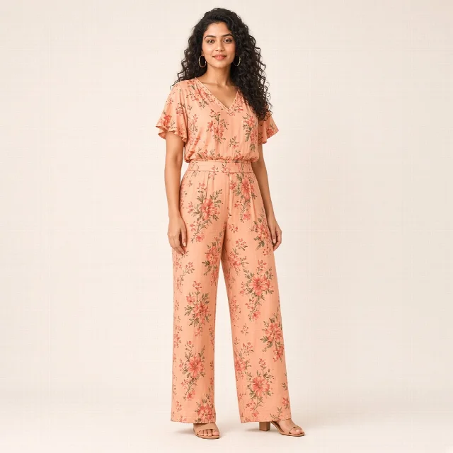 Peach Floral Wide-Leg Co-ord Set