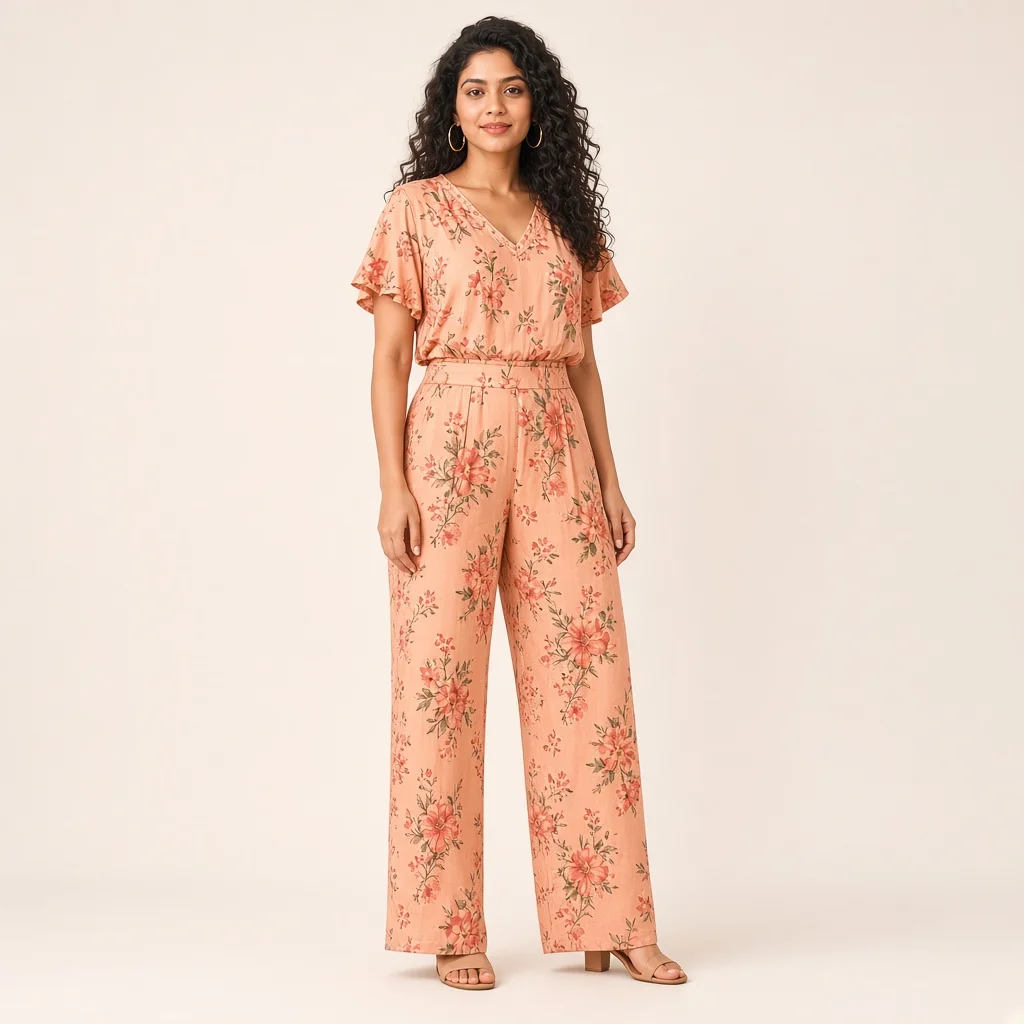 Peach Floral Wide-Leg Co-ord Set