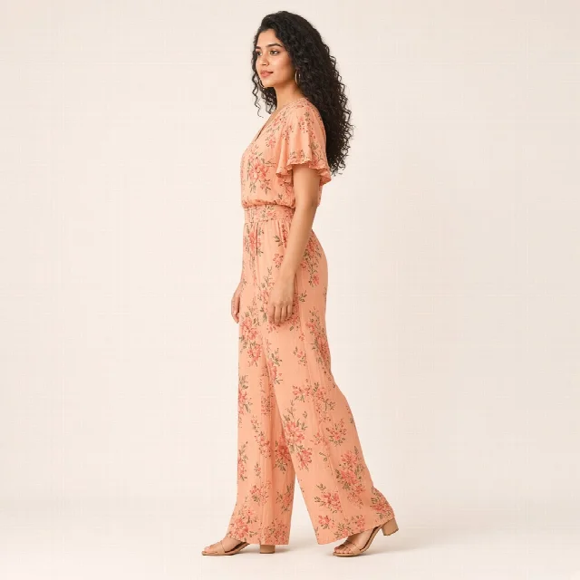 Peach Floral Wide-Leg Co-ord Set