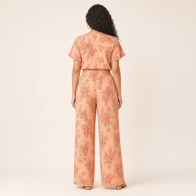 Peach Floral Wide-Leg Co-ord Set