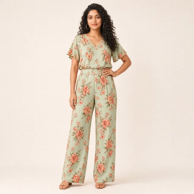 Peach Floral Wide-Leg Co-ord Set thumbnail