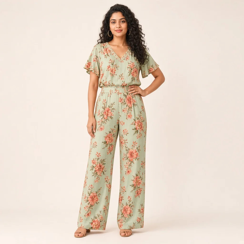 Peach Floral Wide-Leg Co-ord Set