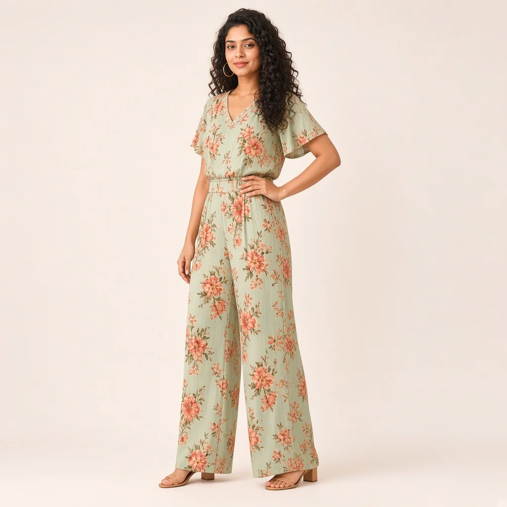 Peach Floral Wide-Leg Co-ord Set