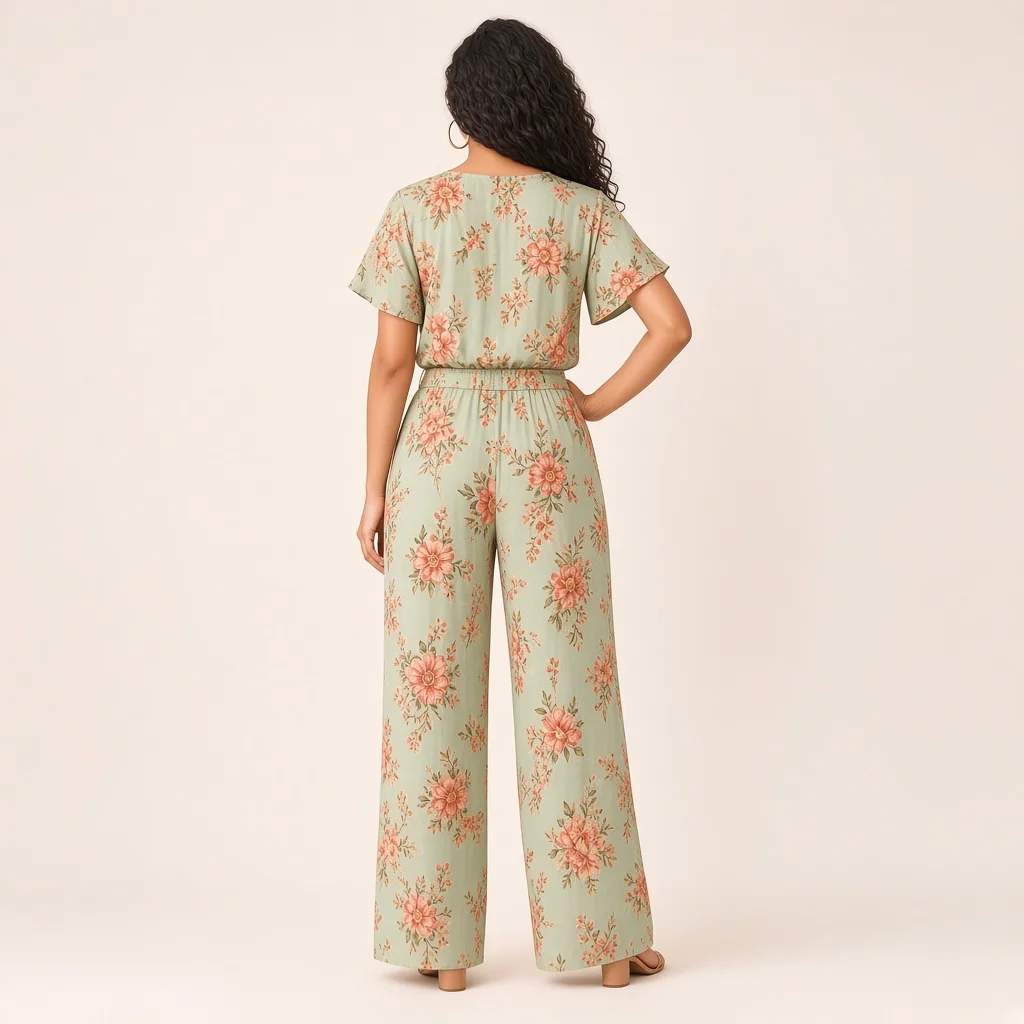 Peach Floral Wide-Leg Co-ord Set