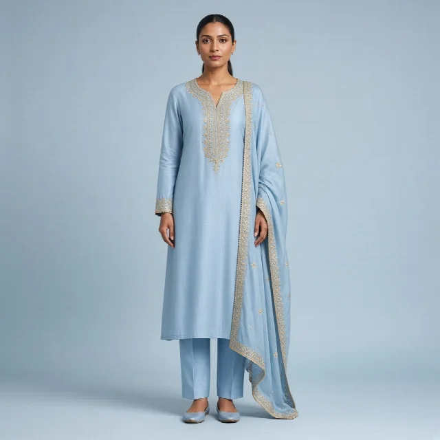 Powder Blue Neckline Suit Set