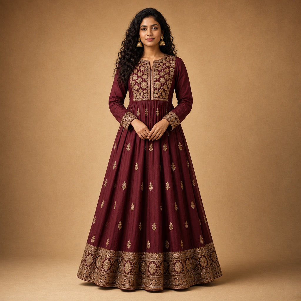 Wine Embroidered Anarkali Kurti