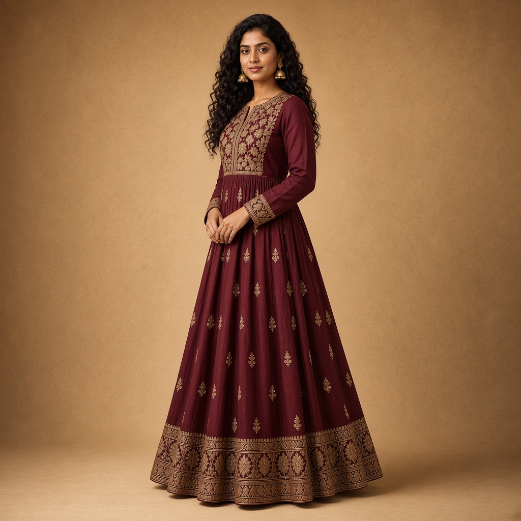 Wine Embroidered Anarkali Kurti