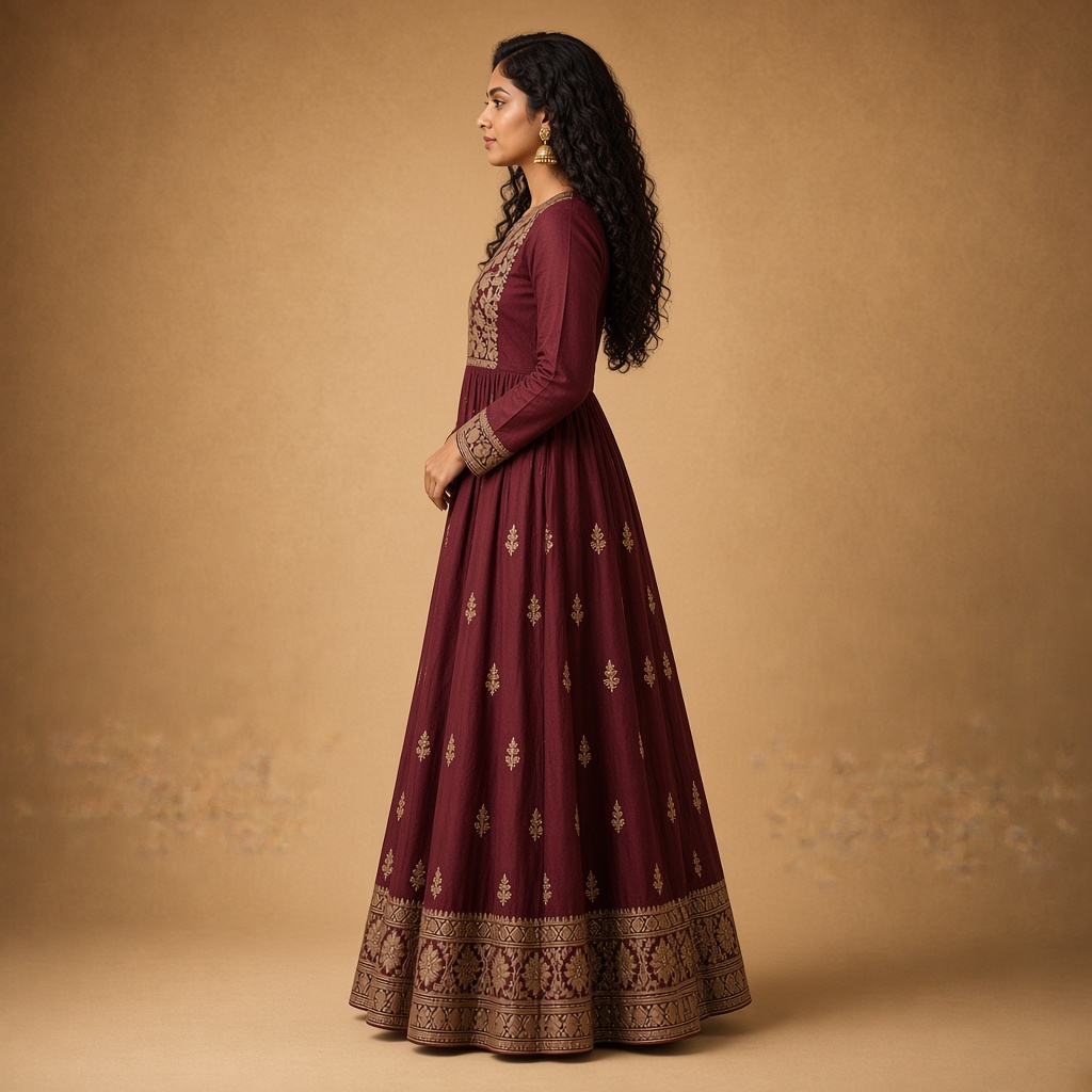 Wine Embroidered Anarkali Kurti