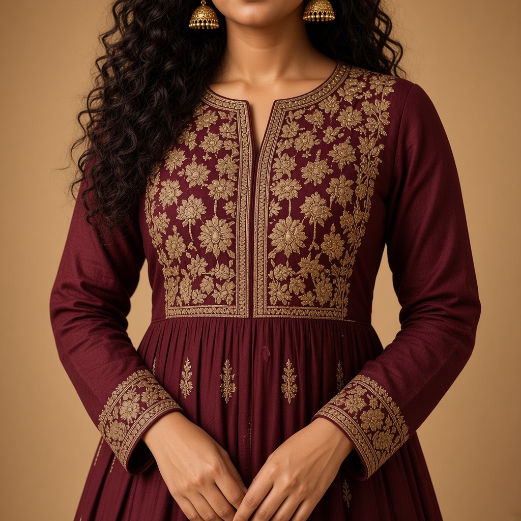 Wine Embroidered Anarkali Kurti