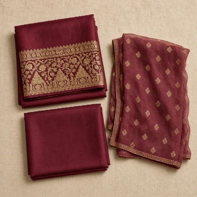 Wine Embroidered Dress Material