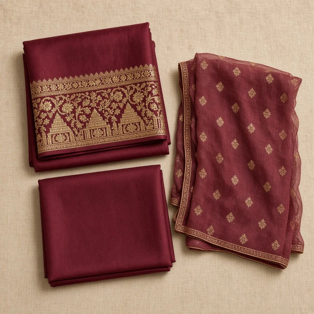 Wine Embroidered Dress Material